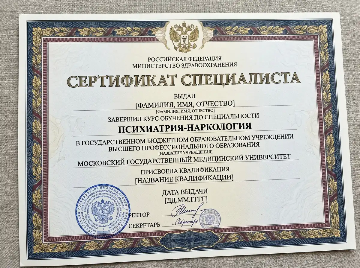 Сертификат специалиста психиатра-нарколога Волкова Сергея Михайловича, государственный образец, Самарский медицинский университет 2009 год