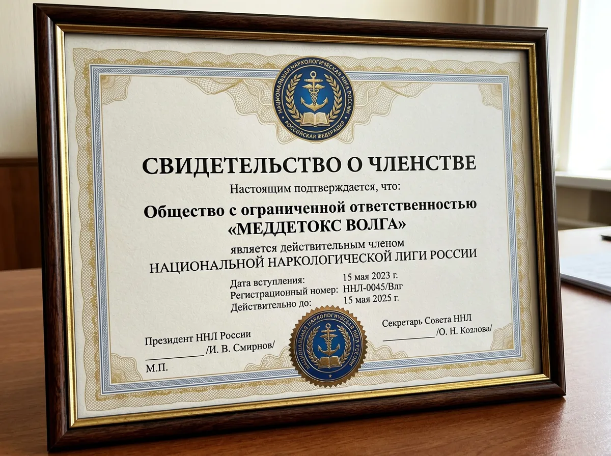 Свидетельство о членстве ООО МедДетокс Волга в Национальной наркологической лиге России, официальный бланк организации