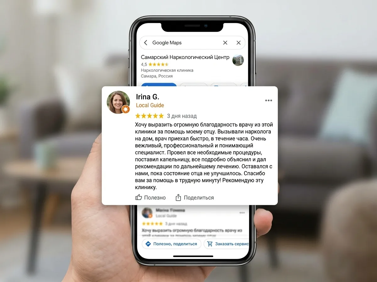 Аватар пользователя Ирина Г., 31 год, отзыв Google о работе наркологической клиники в Самаре, выезд врача к отцу